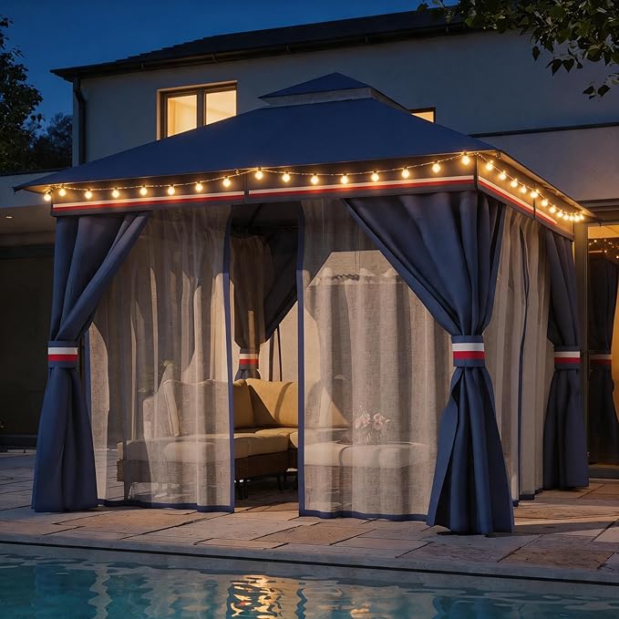 LAUSAINT HOME Patio Gazebo 10'x10', with 50ft Lights Outdoor Heavy Duty Party Tent Shelter with Double Roofs, Mosquito Nettings and Privacy Screens for Backyard, Garden, Lawn, Classic Blue