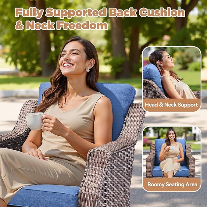 Outdoor Swivel Rocking Chair Set（ 5PCS ）,All-Weather Wicker Rocking Chair Combination PE Rattan with Elegant Side Table Ideal for Courtyards, Balconies, Patios, and Porches Brown/Blue