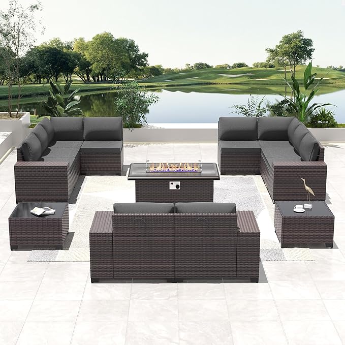 13 PCS Outdoor Patio Furniture Set,Outdoor Sectional Furniture with 43" 55000 BTU Gas Propane Fire Pit Table,All Weather PE Rattan Wicker Patio Conversation Set,Grey