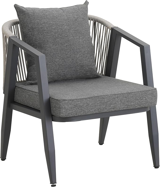 GDFStudio Aoxwe 4 Piece Outdoor Conversation Set, Rope Woven Club Chairs, Woven Open Back Loveseat, Slats Panel Design Coffee Table, Iron Frame Sectional Conversation Set for Poolside, Gray