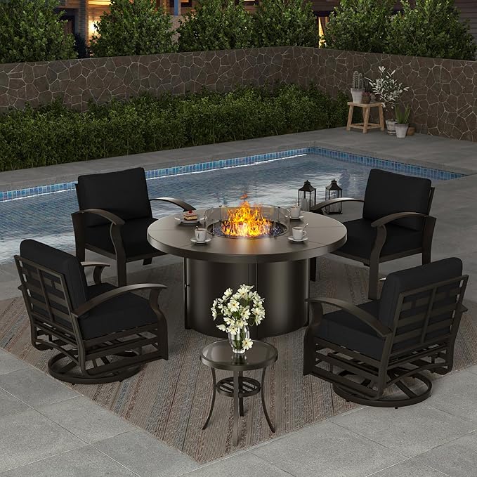 ALAULM Aluminum Patio Furniture Set with 40,000 BTU Round Propane Fire Pit Table 4-seat Metal Outdoor Furniture w/Swivel & Rocking Conversation Set for Patio, Lawn, Poolside（Black