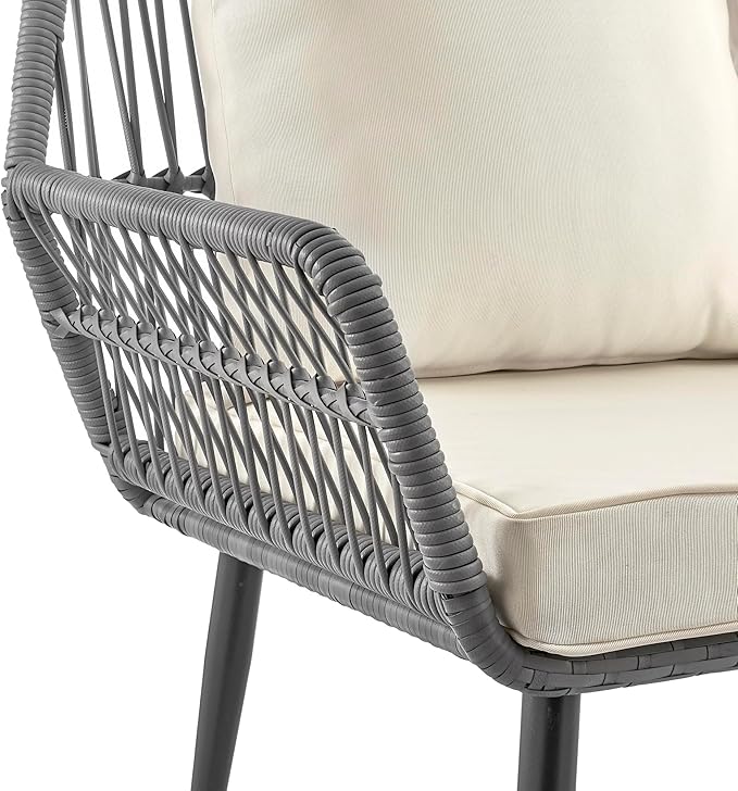 Manhattan Comfort Portofino 4-Piece Patio Conversation Set, Rope Wicker Design with Waterproof Cushions | Outdoor Furniture Includes 2 Armchairs, Loveseat & Coffee Table with Tempered Glass Top, Cream
