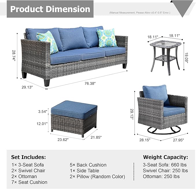 HOOOWOOO Wicker Patio Conversation Sets,6 Piece Outdoor Furniture Set with Swivel Rocking Chairs,All Weather Resistant Modern Outside Out Door Rattan Couch Chairs Side Table Set,Denim Blue