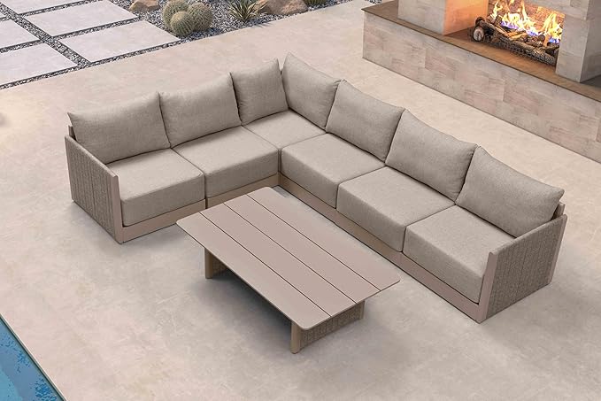 PURPLE LEAF Patio Furniture Set 7 Pieces Outdoor Conversation Sets PP Rope Patio Sofa with Cushions and Table Manual Weaving Deep Seating Furniture for Porch Lawn Backyard Beige