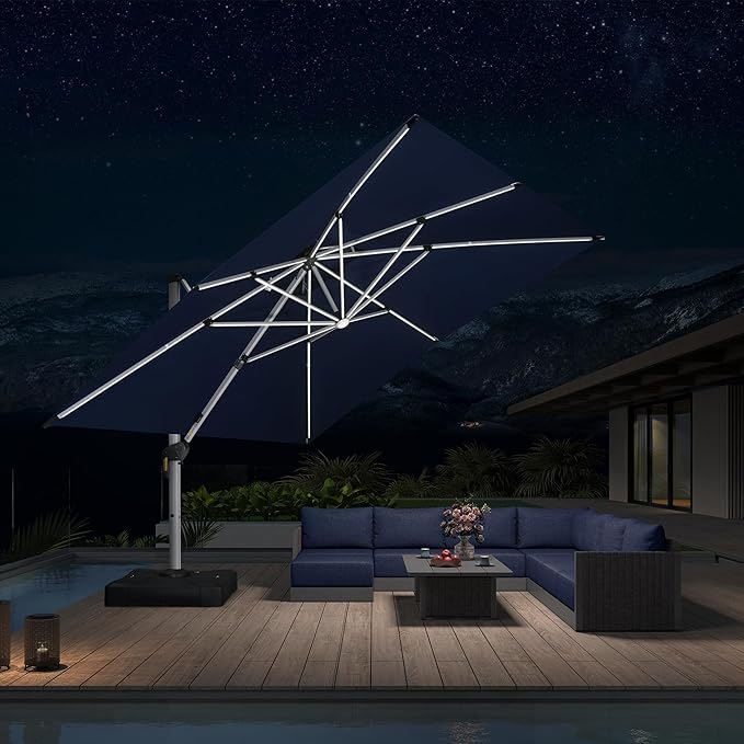 PURPLE LEAF 11' X 11' Solar Powered LED Patio Large Umbrella Offset Double Top Hanging Umbrella Outdoor Market Umbrella for Garden