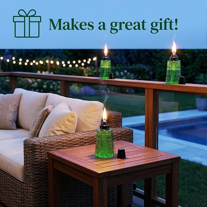 Seraphic Citronella Table Top Torches for Outdoor Patio, 16oz Decorative Glass Torch Citronella Candles for Outside Deck, Garden, Parties, Set of 3, Green