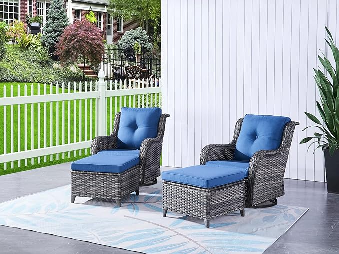 HUMMUH 5 Pieces Outdoor Furniture Patio Furniture Set Wicker Swivel Patio Chairs with 2 Seater Outdoor Sectional Sofa/Patio Loveseat with Ottomans