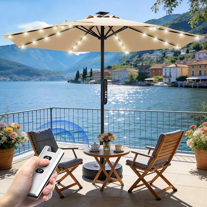 HOMSHADE 9FT Motorized Patio Umbrella with Remote Control & Solar Lights, Outdoor Table Umbrella with One-Button Switch for Deck, Backyard, Pool(Buff)