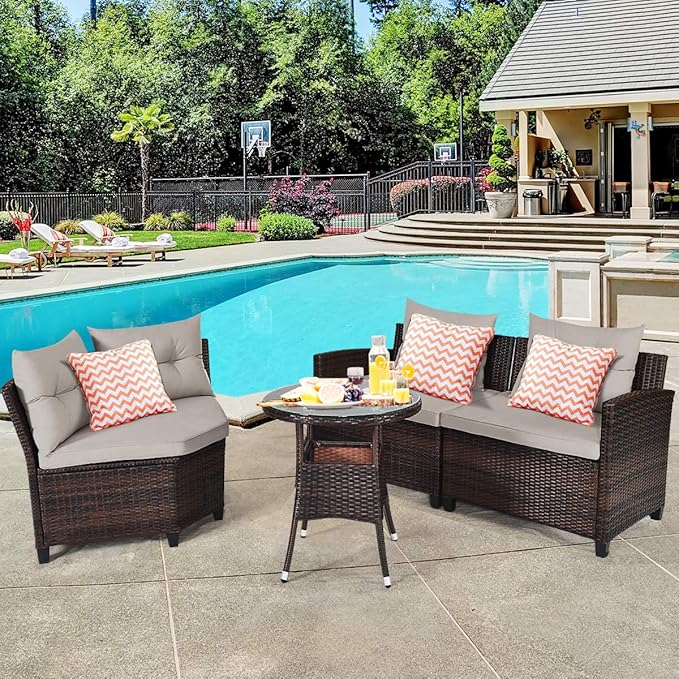 HAPPYGRILL 4 Pieces Curved Outdoor Sofa Set Rattan Wicker Patio Furniture Set with Coffee Table & Cushions Modern Conversation Set Curved Sofa Set for Garden Poolside Balcony