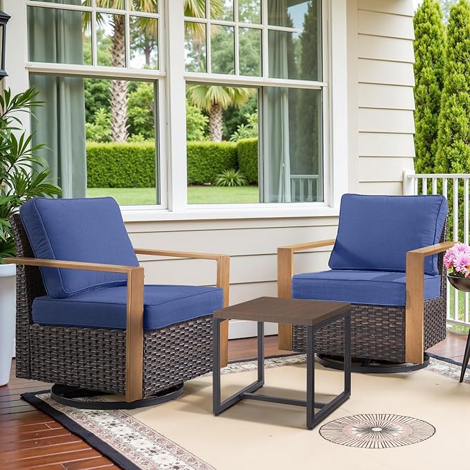 Belord Outdoor Swivel Rocker Chairs Set of 2 with Metal Wide Armrests, 3 Piece Patio Bistro Wicker Chairs with Side Table, Comfort Glider Furniture for Porch, Deck, Sunroom, Backyard