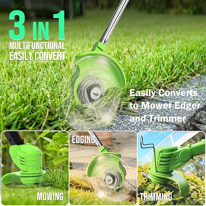 Electric Weed Wacker Cordless, 21V Battery Powered Weed Eater with 2X 2.0Ah Battery Operated and Charger, Lightweight 3 in 1 Weed Trimmer Lawn Edger Brush Cutter, Stringless Weedwacker for Garden Yard