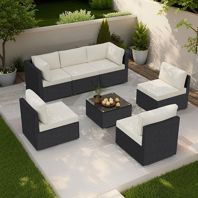 7-Piece Outdoor Patio Furniture Set – Handwoven All-Weather Rattan & 4” Thick Waterproof Cushions, Wicker Outdoor Conversation Sets with Coffee Table for Deck, Backyard, Garden, Black/Beige
