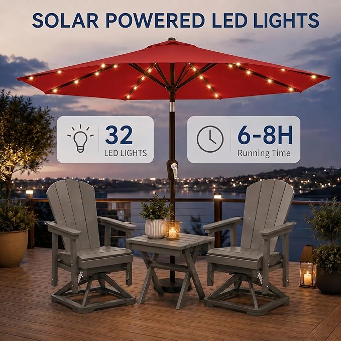 10FT Solar Patio Umbrella with Lights, Outdoor Table Market Umbrella with 32 LED Lights, 8 Sturdy Ribs, Push Button Tilt and Crank for Pool, Deck and Garden, UV-Resistant
