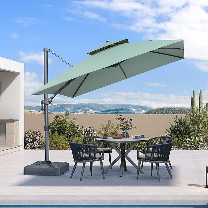 PURPLE LEAF 10 FT Cantilever Umbrella Outdoor Patio Umbrella, Large Offset Square Umbrella, Windproof Heavy Duty Hanging Outside for Patio, Mint Green