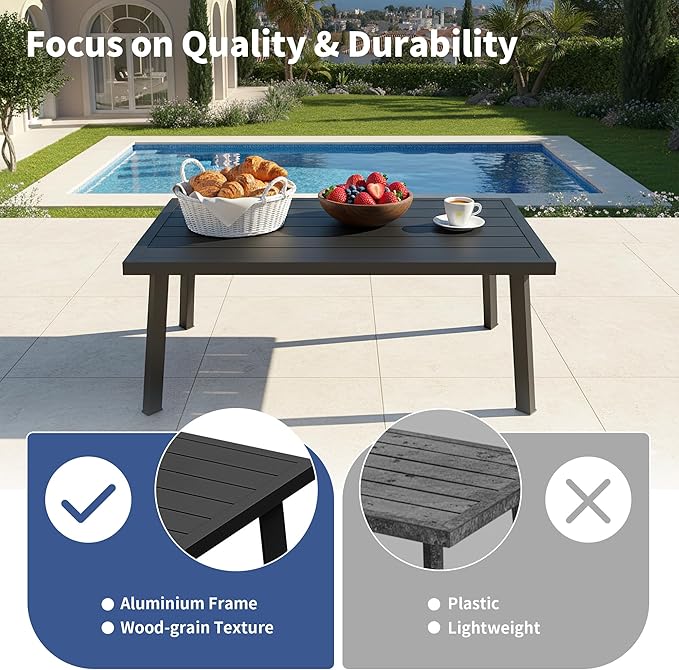 Outdoor Patio Coffee Table, Rectangle Aluminum All-Weather Side Table with Wood-Grain Texture, 200lbs Capacity, Modern Patio Furniture Sets for Garden, Backyard, Porch (Black)