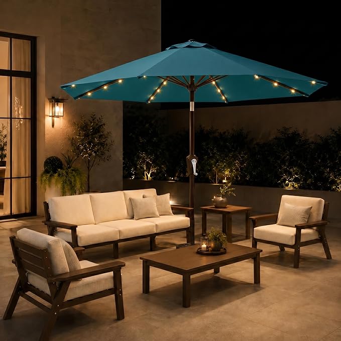 11FT Solar Patio Umbrella with Lights, Outdoor Table Market Umbrella with 32 LED Lights, 8 Sturdy Ribs, Smooth Crank Lift for Pool, Deck and Garden, UV-Resistant