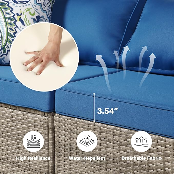 14-Piece Gray Rattan Patio Furniture Sets, Outdoor Conversation Sofa Sets with Water Resistant Blue Cushions & Tempered Glass Coffee Table, Modular Outdoor Sectional Sofa Sets with 2 Pillows