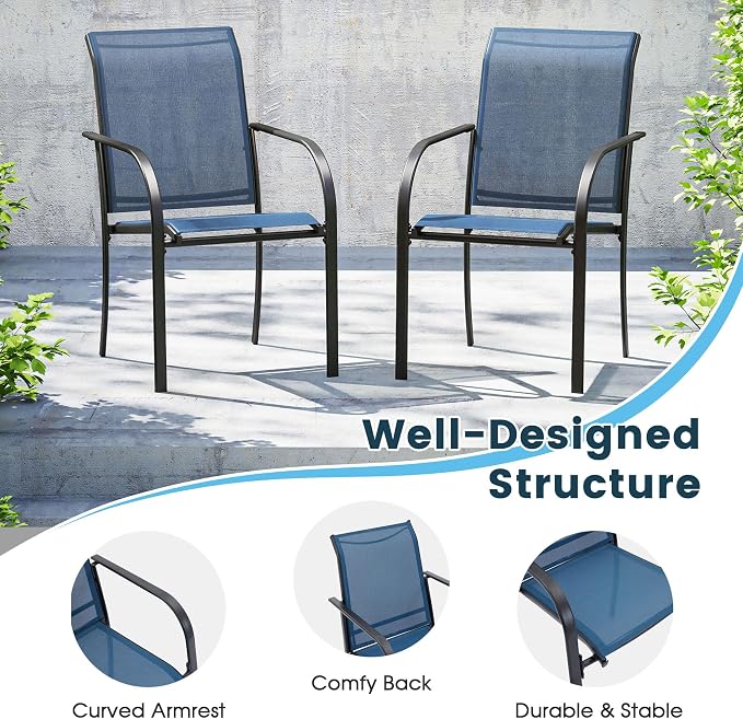 11 Pieces Patio Dining Set, 60" Round Dining Table with Umbrella Hole, 10 Stackable Textilene Fabric Chairs, Metal Structure for Patio, Porch, Garden(Black Table, Dark Blue Chair)