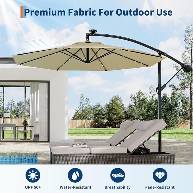 Garvee 10FT Solar Lights Offset Patio Umbrella with Cross Base, Cantilever Umbrella with Easy Lift & Tilt Adjustment, 8 Ribs Sun umbrella UV Protection for Backyard, Pool, Garden, Beige