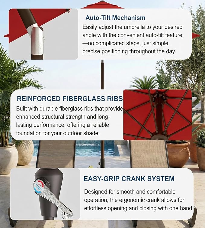 PatioKingdom Auto-Tilt 9FT Patio Umbrella Outdoor with 8 Sturdy Fiberglass Ribs,Market Table Umbrella for Pool,Backyard,Deck and Garden