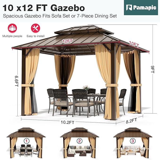 PAMAPIC 10x12FT Hardtop Gazebo,Galvanized Steel Double Roof with Aluminum Frame,Outdoor Permanent Pavilion with Breathable Netting & Privacy Curtain for Patio,Backyard,Deck,Lawn,Brown