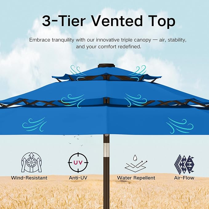 Kingdura 9ft 3-Tier Patio Umbrella with Solar Lights, Table Umbrella Outdoor Patio with Easy Crank & Tilt, 8 Sturdy Ribs, UV Protection, 32 LED Lights for Deck, Poolside, Market (Royal blue)