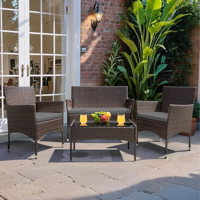 Greesum Patio Furniture 4 Pieces Conversation Sets Outdoor Wicker Rattan Chairs Garden Backyard Balcony Porch Poolside loveseat with Cushion and Glass Table, Brown and Grey