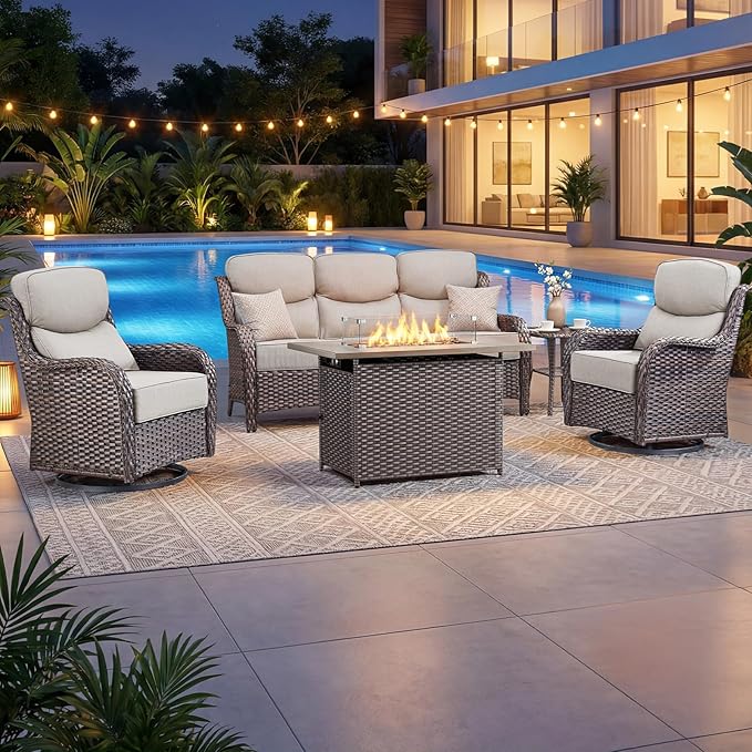 Luxury Patio Furniture Set with 6-inch Thick Cushion, Outdoor Furniture with Fire Pit Table, Swivel Chairs, Side Table, Sofa, 5pcs Wicker Conversation Set for Deck Yard and Poolside(Beige)