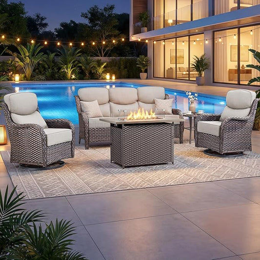 Luxury Patio Furniture Set with 6-inch Thick Cushion, Outdoor Furniture with Fire Pit Table, Swivel Chairs, Side Table, Sofa, 5pcs Wicker Conversation Set for Deck Yard (Brown Wicker | Beige Cushion)