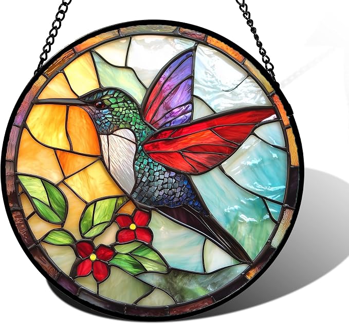 DASTOLL Stained Glass Window Hanging, Hummingbird Gifts Sun Catchers Diamond Glass Panel Hangings Birds Suncatcher Decor for Birthday for Women, Men, Wife, Aunt, and Mom 11.8x11.8 in