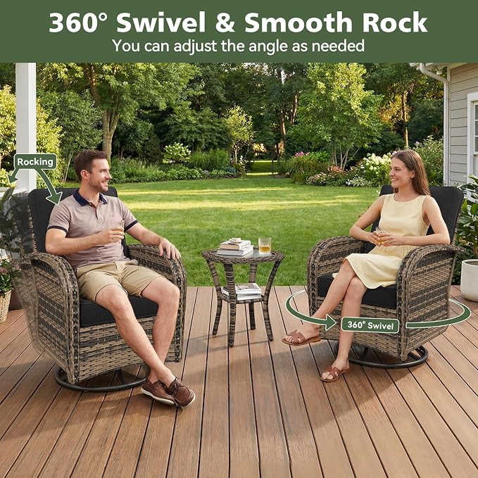 Aoxun 13 Piece Outdoor Patio Furniture Set with 44'' Fire Pit Table, Wicker Rattan Outdoor Furniture with High Back Swivel Rocker Chairs, Outdoor Conversation Set with Thick Cushion & Ottoman, Black
