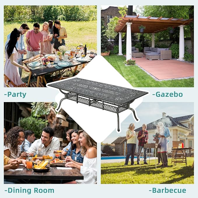 MEETWARM 94.5"x43.5" Cast Aluminum Patio Dining Table, All Weather Large Outdoor Dining Table for 8 Person, Patio Furniture Rectangular Table with Umbrella Hole and Adjustable Foot Pads, Dark Bronze