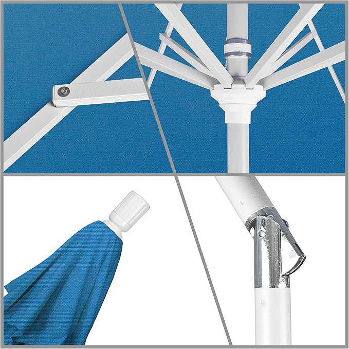 California Umbrella 9' Round Aluminum Market Umbrella, Crank Lift, Collar Tilt, White Pole, Pacifica Pacific Blue