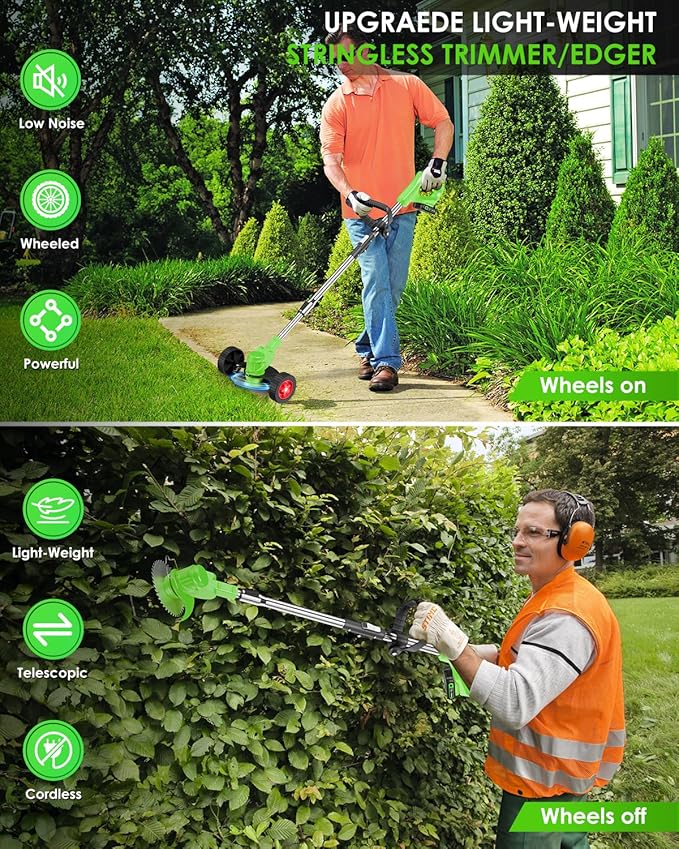 Cordless Weed Wacker, 2-in-1 stringless Weed Wacker, Foldable 2.0Ah Battery Powered Weed Trimmer Stringless Grass Trimmer/Edger Lawn Tool for Yard Lawns Garden