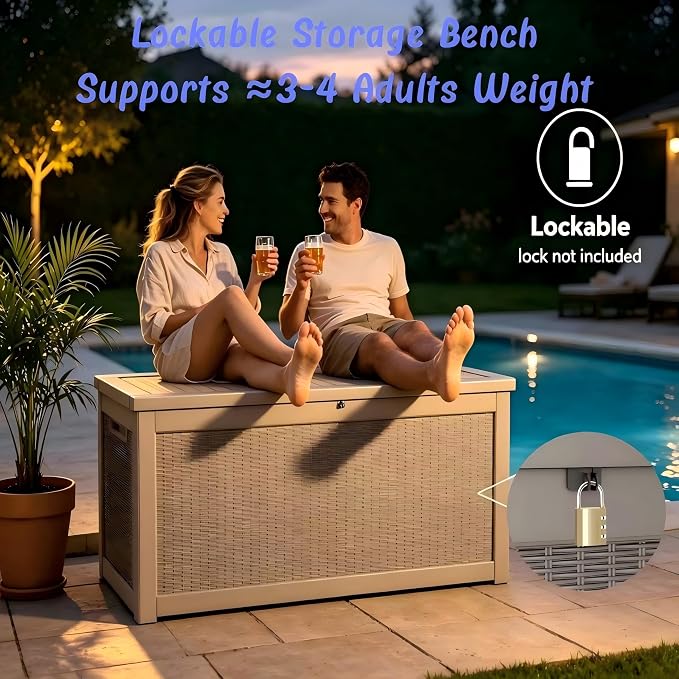 320 Gallon Waterproof Outdoor Storage Box, Lockable Deck Box with Built-In Handle for Patio Seat Cushions, Garden Tools, Pool Accessories, Light Brown