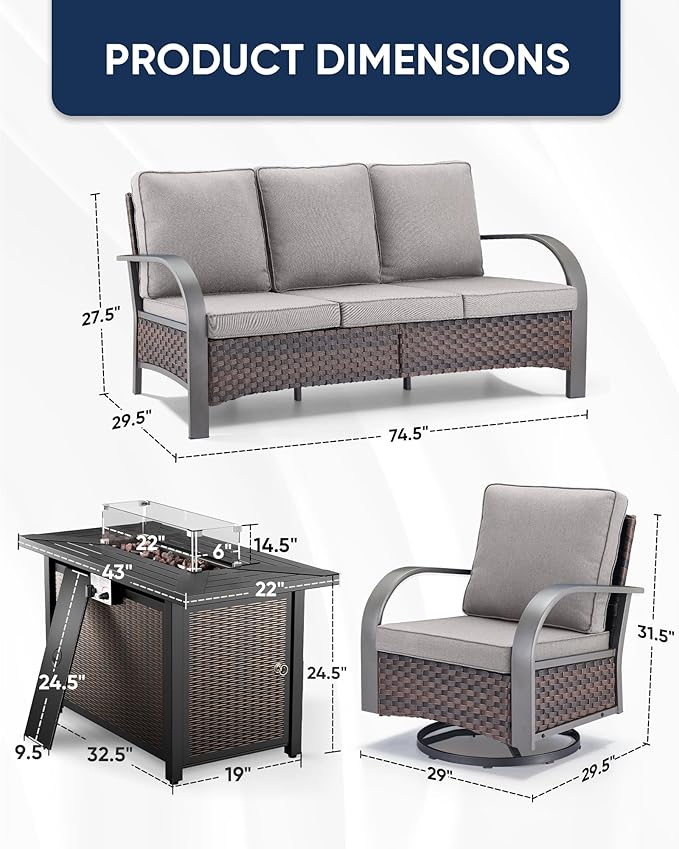 HUMMUH Patio Furniture Set with Fire Pit-Outdoor Swivel Glider Rocking Chair with Patio Sofa Outdoor Conversation Furniture for Deck Porch Garden Poolside Backyard-Brown/Grey