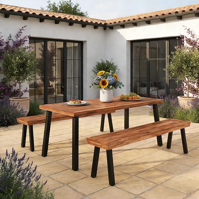 Giantex Patio Dining Table with Umbrella Hole, Outdoor Picnic Table for Backyard, Garden, Lawn, Farmhouse, Acacia Wood Rectangular Table with Metal Legs, Rustic Brown