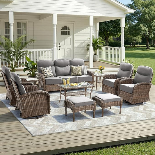 10 Pieces Luxury Outdoor Patio Furniture Set with 6-Inch Thick Cushions, Wicker Outdoor Furniture with High Back Swivel Patio Chairs Set of 4, Wicker Conversation Set for Deck Garden Porch, Gray