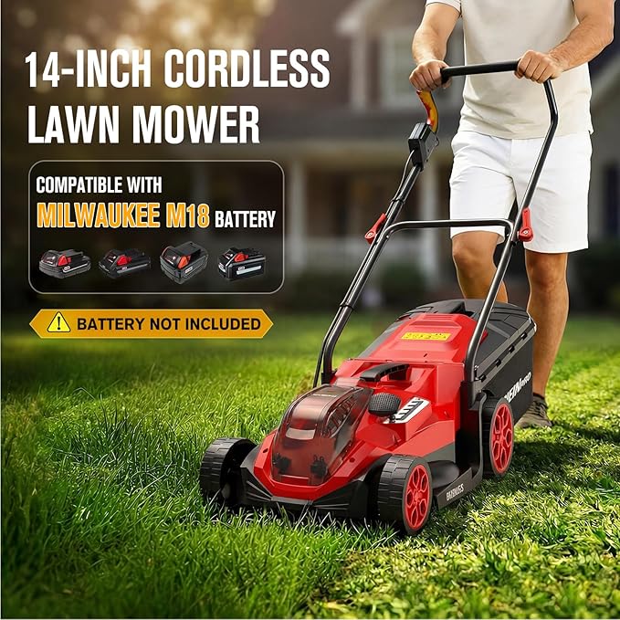 HEINPRO 14" Cordless Lawn Mower Compatible with Milwaukee M18 Battery, 2-in-1 Brushless Electric Lawn Mower for Small Yards, Push Mowers with 5-Position Height Adjustment, Red (Tool Only)