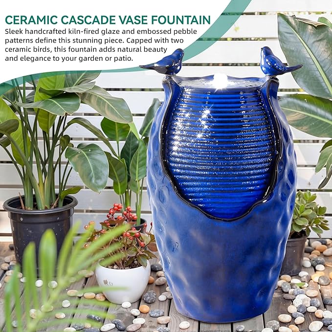 23.5" H Ceramic Jar Outdoor Fountain, Honeycomb Pot Water Feature with LED Lights, Soothing Trickling Waterfall for Garden, Patio, Yard, Balcony or Porch Oasis, Cobalt Blue Glaze, KD Vivid Birds