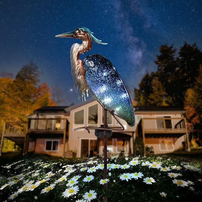 TERESA'S Collections Blue Heron Garden Decor for Outside Solar Lights, 39" Glass Lawn Ornaments with Outdoor Lights Decorative Stake, Yard Art Decorations Outdoor for Patio Gifts for Mom Grandma
