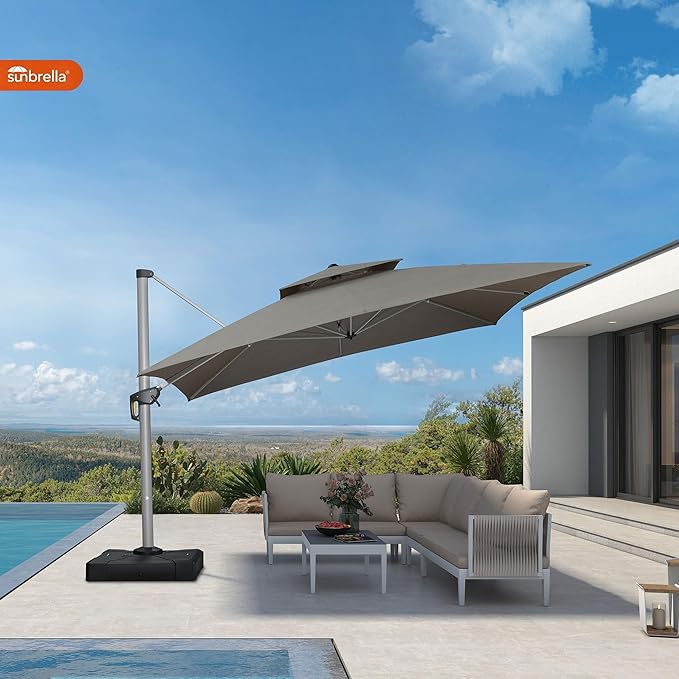 PURPLE LEAF 12' X 12' Cantilever Outdoor Patio Umbrella Large Heavy Duty 360° Rotation Double Top Offset Rectangular Umbrellas for Backyard Deck Pool, Cast Ash