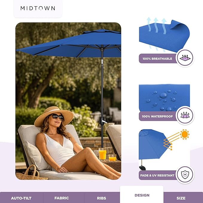 Midtown Umbrellas - The Lean 9 Ft Patio Umbrella with Fade-Resistant Sunbrella Fabric, Auto-Tilt Aluminum Frame and 8 Reinforced Ribs for Deck, Pool & Garden - Dark Blue Canopy, Black Pole