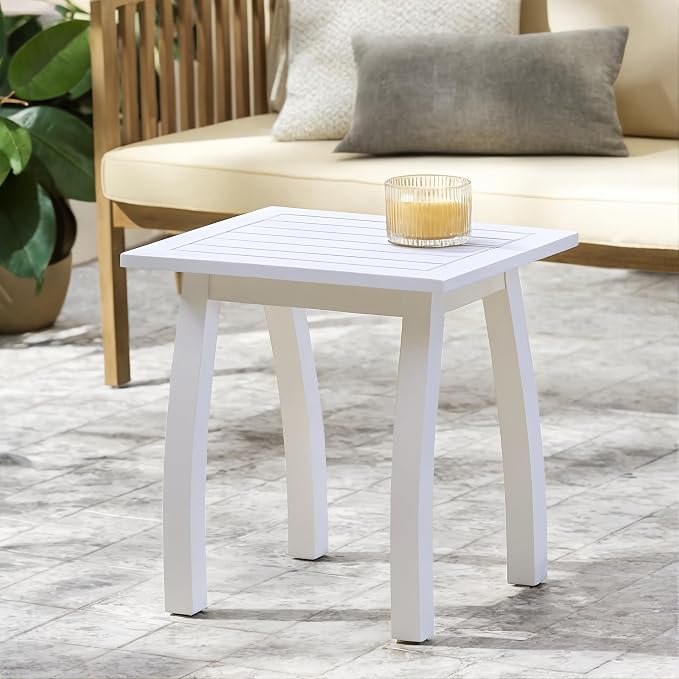 Christopher Knight Home Selma Acacia Wood Outdoor Side Table, Decorative Rectangular Small Accent Table, Weather Resistant Patio End Table for Balcony Beach Pool Side, Slatted Design, White PU