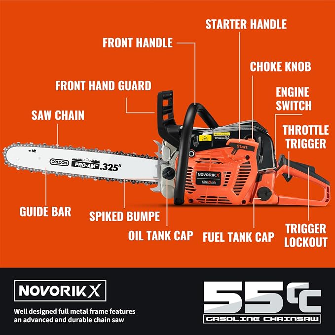 55CC Gas Chainsaw Powered With 2-Cycle Engine 20 Inch Handheld Chain Saw Gas With Automatic Oiler For Tree Trimming Wood Cutting and Land Clearing