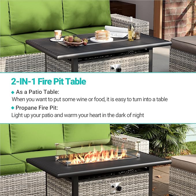 13-Piece Outdoor Patio Furniture Set with Rocking Swivel Chair, Wicker Rattan Sectional Sofa Conversation Set with 55,000 BTU Fire Pit Table with Ottomans, Backyard Furniture, Avocado Green