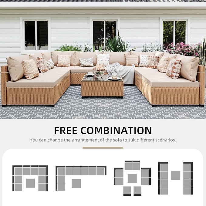 UPHA 9 Pieces Patio Furniture Sets, Wicker Outdoor Sectional Sofa Couch with Coffee Table, Patio Conversation Set for Deck Backyard Garden, Beige Rattan, Beige Cushion