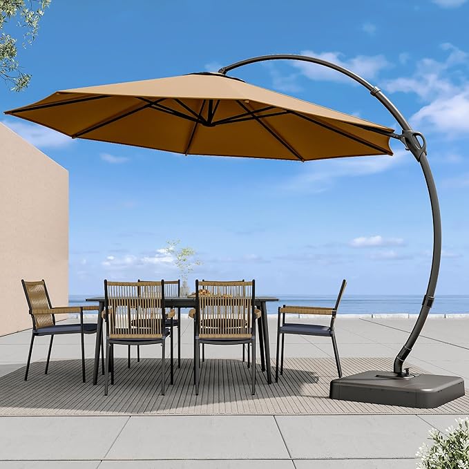 LAUSAINT HOME Outdoor Patio Umbrella with Base included, Deluxe Curvy Cantilever Umbrella Heavy Duty Offset Hanging Umbrella