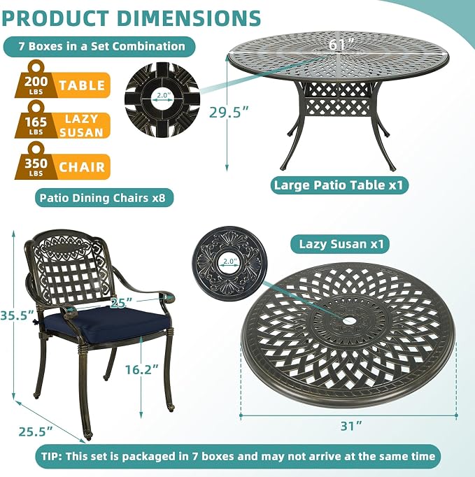 MEETWARM 9-Piece Outdoor Furniture Dining Set, All Weather Cast Aluminum Patio Garden Set with 8 Cushioned Chairs, 61" Round Patio Dining Table with Detachable Lazy Susan, 2" Umbrella Hole, Navy Blue