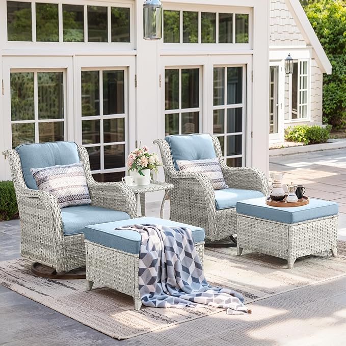 Outdoor Patio Furniture Set-5 Piece Outdoor Swivel Rocker Chairs with Ottomans Patio Furniture Set for Deck Balcony Poolside Backyard-Light Grey/Light Blue
